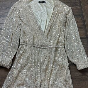 Sequin Beige Long Sleeve Romper